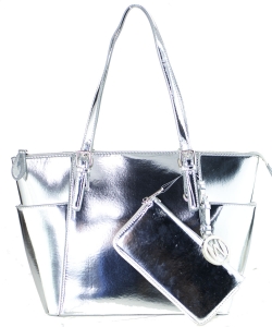 Fashion Faux Leather Metallic Handbag + Wallet MH1009WS SILVER